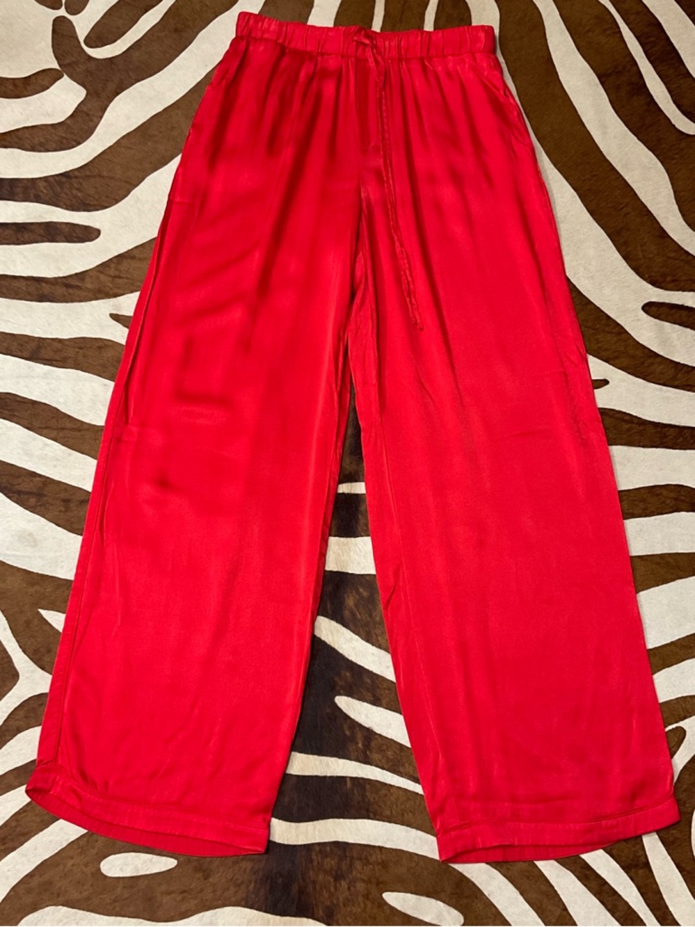 Parade Red Luxe Satin Pants Size Small with Pockets Wide Leg Silky Bottoms Rayon
